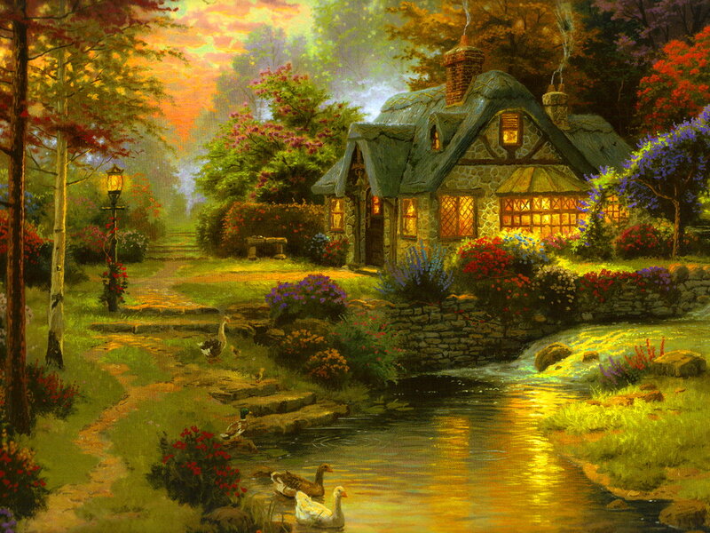Cottage by a Stream — Green, Serene, Sunset, Painting, Flowers, Ducks