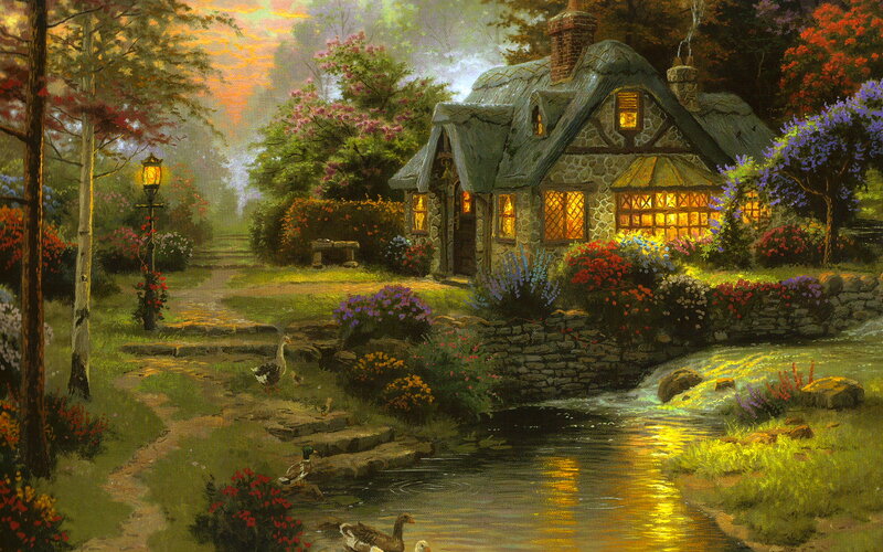 Cottage by a Stream — Green, Serene, Sunset, Painting, Flowers, Lamp
