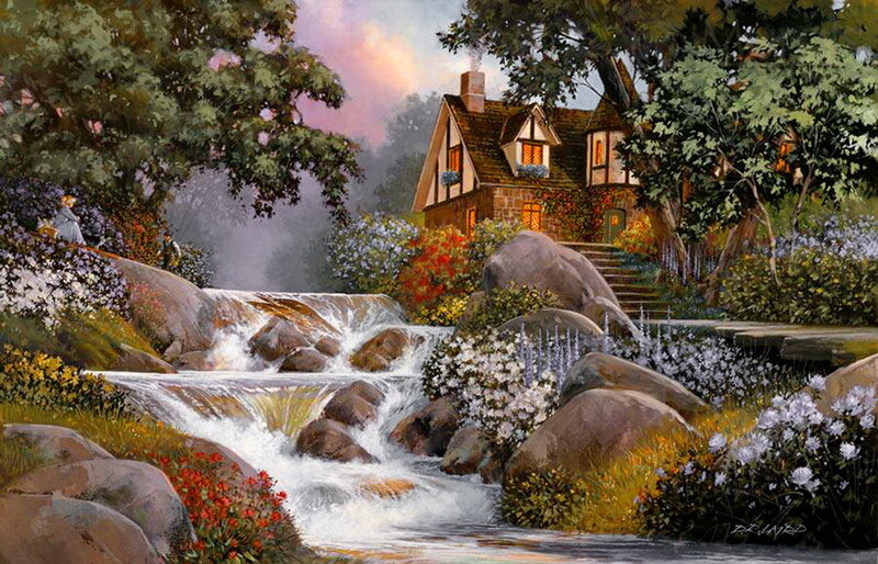 Cottage by a Stream — Green, Serene, Sunset, Painting, Flowers, Rocks