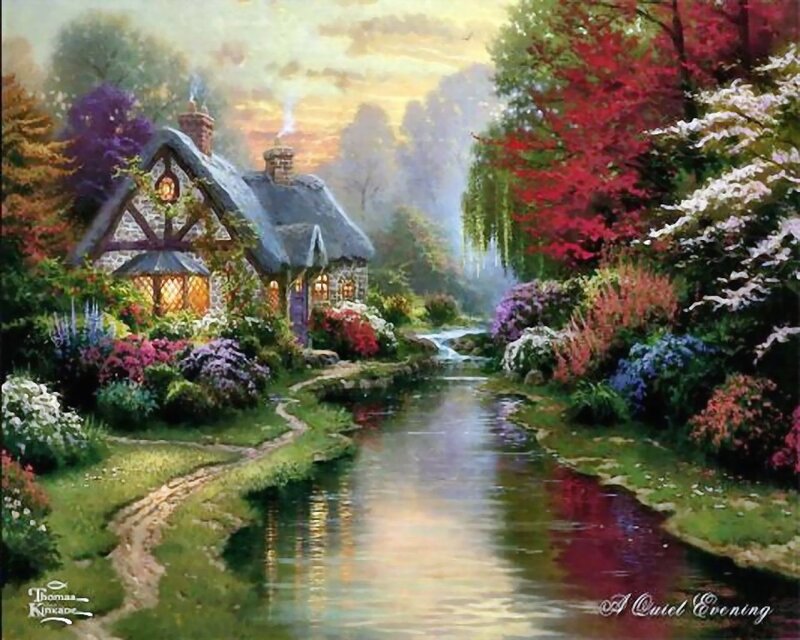 Cottage by a Stream — Green, Serene, Sunset, Painting, Flowers, Trees, Blue