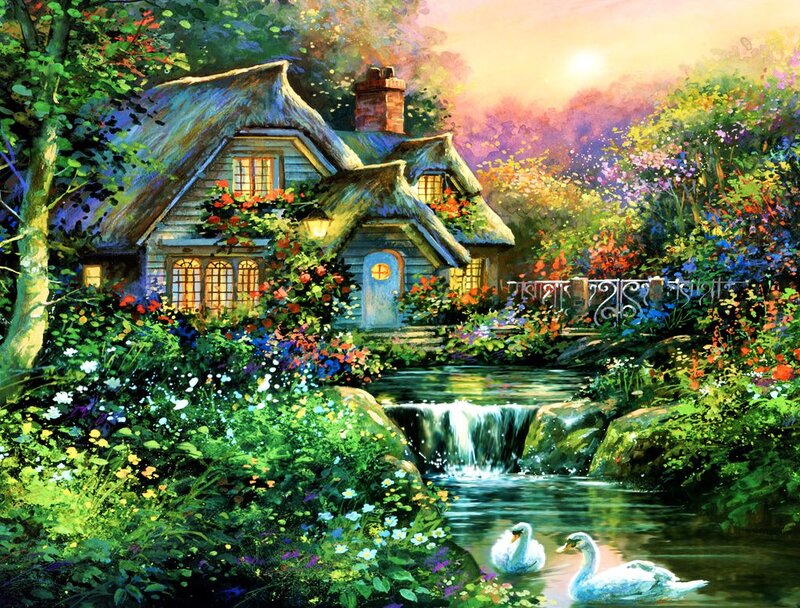 Cottage by a Stream — Green, Serene, Sunset, Painting, Swans, Flowers
