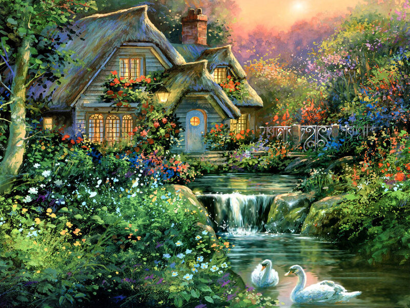 Cottage by a Stream — Green, Serene, Sunset, Painting