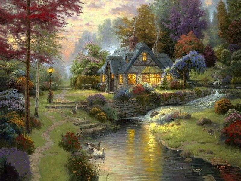 Cottage by a Stream — Green, Serene, Sunset
