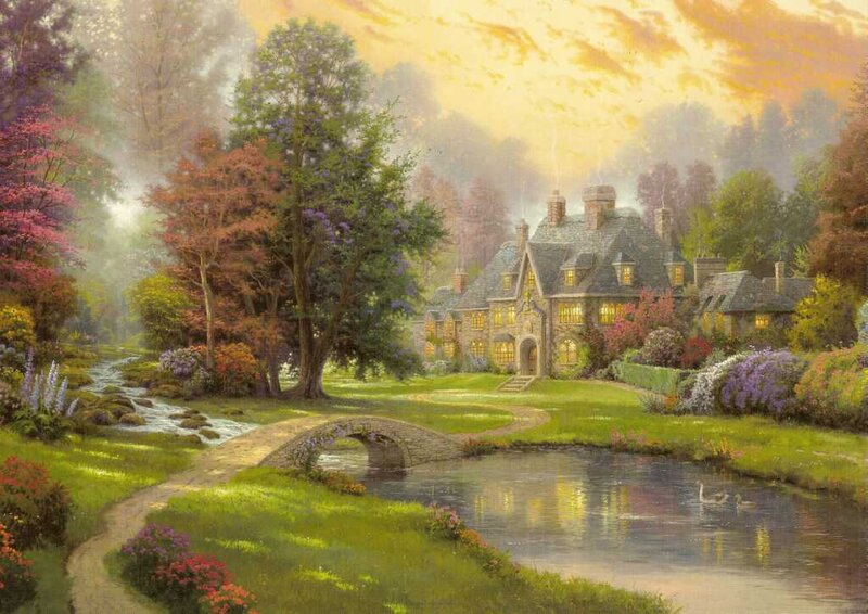 Cottage by a Stream — Green, Serene