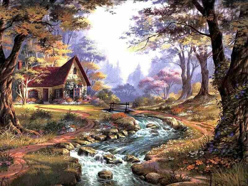 Cottage by a Stream — Green