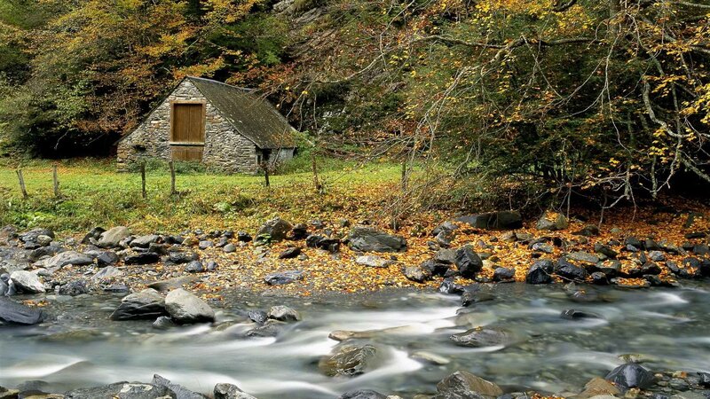 Cottage by a stream in autumn