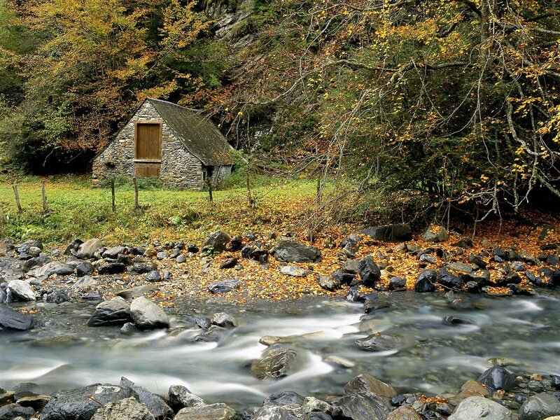 Cottage by a stream in autumn