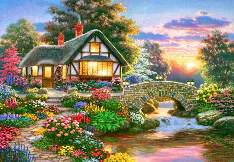 Cottage by a Stream — Pink, Serene, Sunset