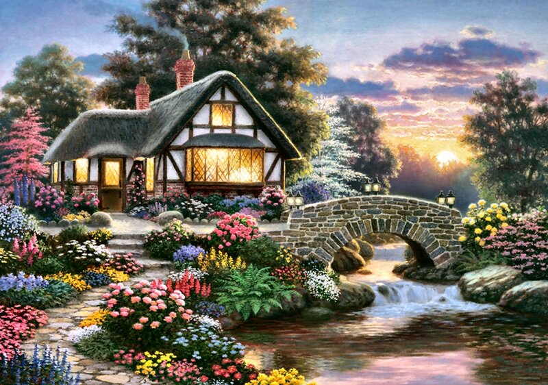 Cottage by a Stream — Pink, Serene