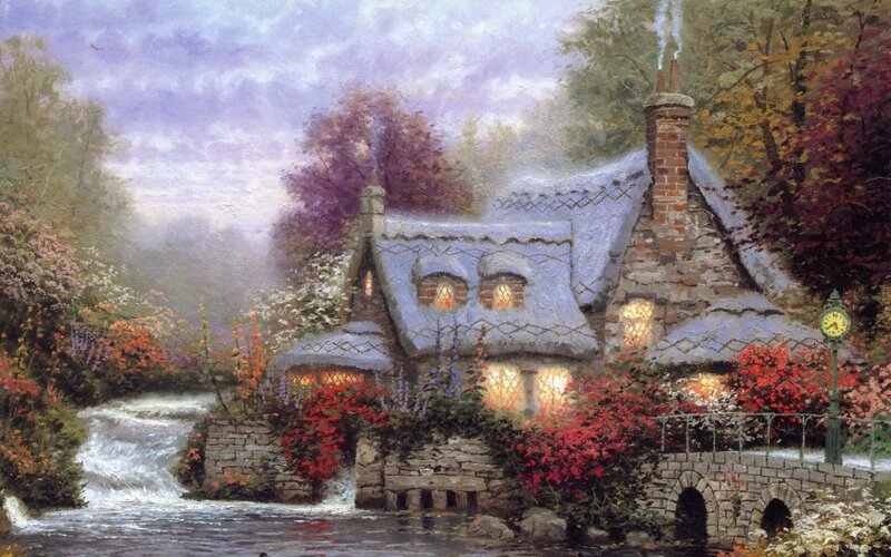 Cottage by a Stream — Purple, Serene, Autumn