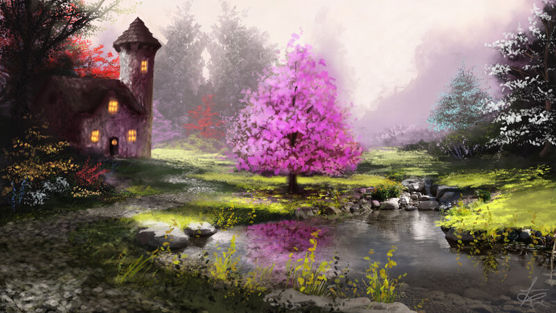 Cottage by a Stream — Purple, Serene, Spring