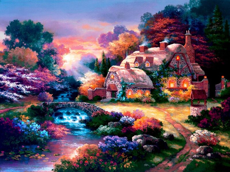 Cottage by a Stream — Purple, Serene, Sunset, Painting, Bridge, Flowers