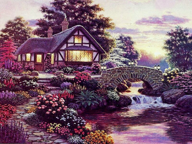 Cottage by a Stream — Purple, Serene, Sunset, Painting, Bridge