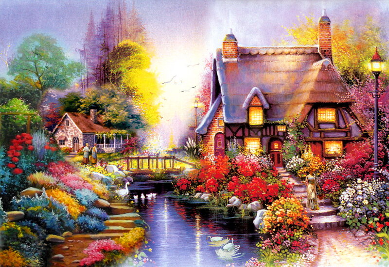 Cottage by a Stream — Purple, Serene, Sunset, Painting