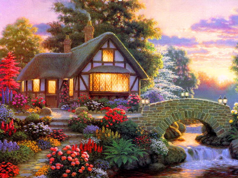 Cottage by a Stream — Purple, Serene, Sunset