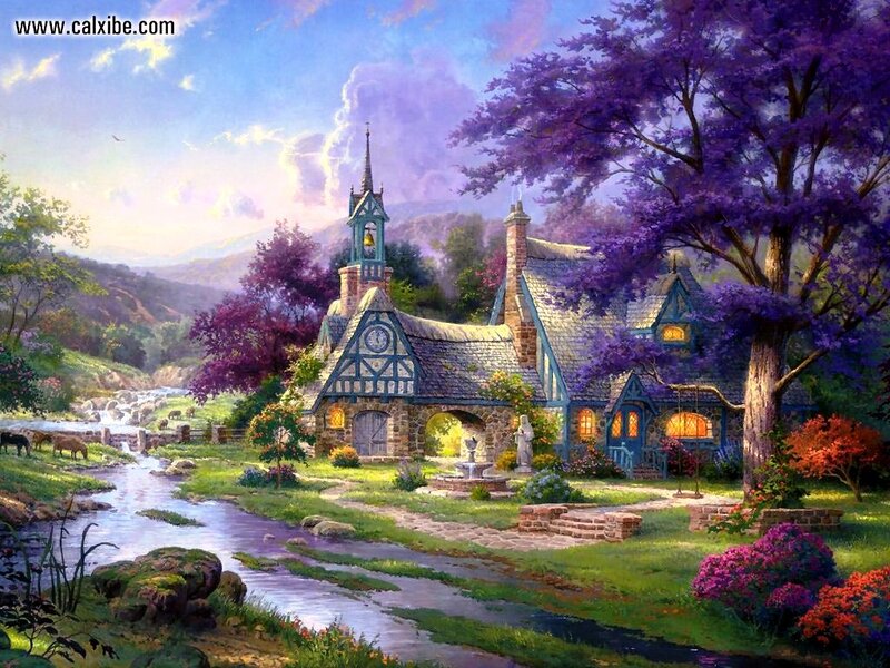 Cottage by a Stream — Purple, Serene