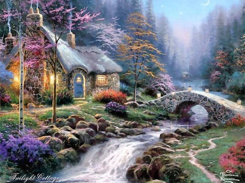 Cottage by a Stream — Purple