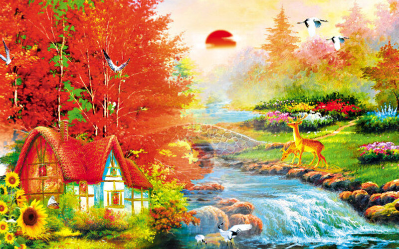 Cottage by a Stream — Red, Serene