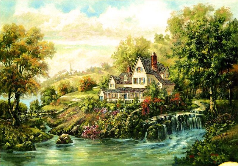 Cottage by a Waterfall — Green, Serene