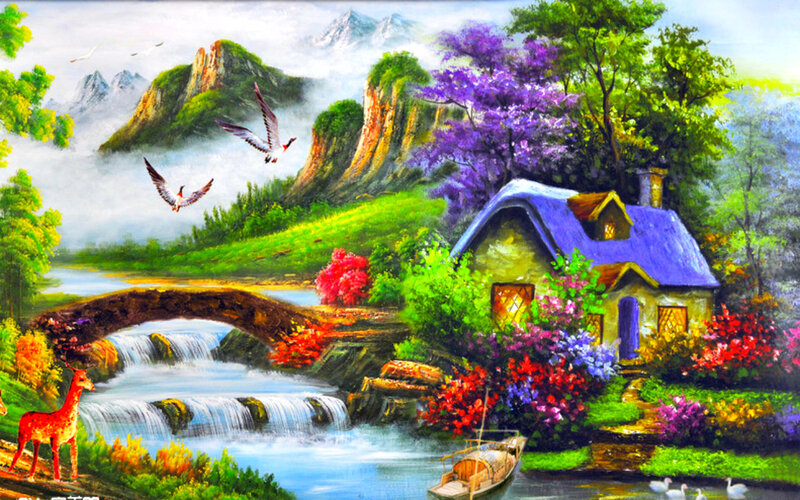 Cottage by a Waterfall — Green