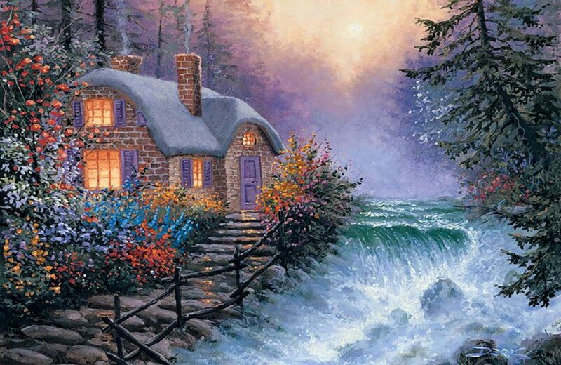 Cottage by a Waterfall — Purple, Serene