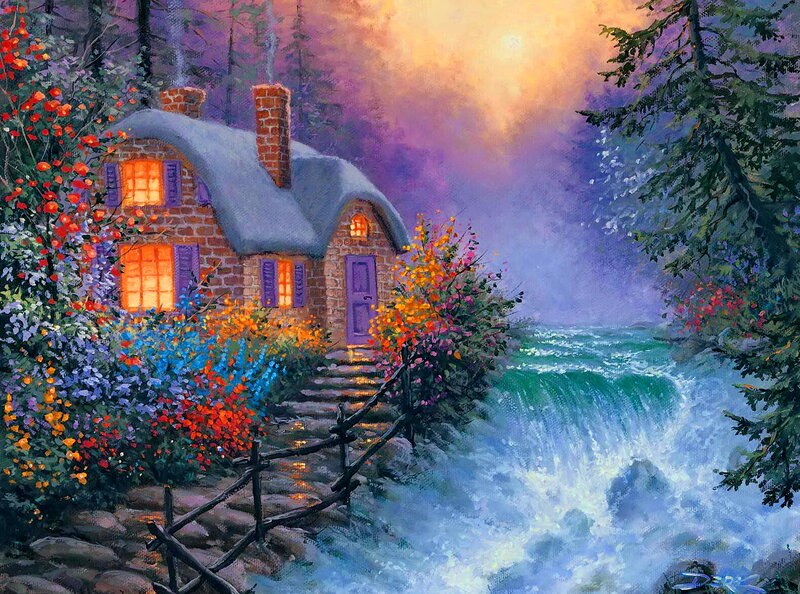 Cottage by a Waterfall — Purple