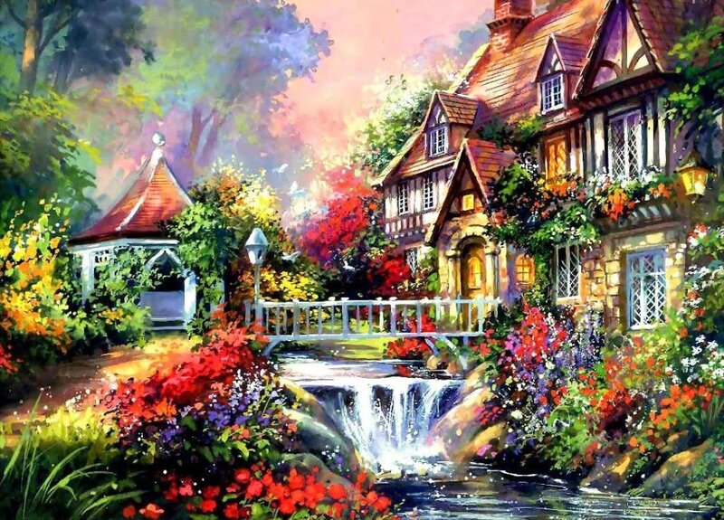 Cottage by a Waterfall — Red