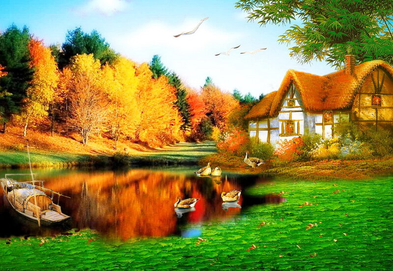 Cottage by Autumn Lake — Green