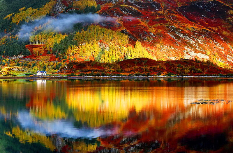 Cottage by Autumn Lake — Red