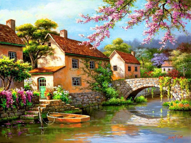 Cottage by Canal — Blue, Serene, Spring