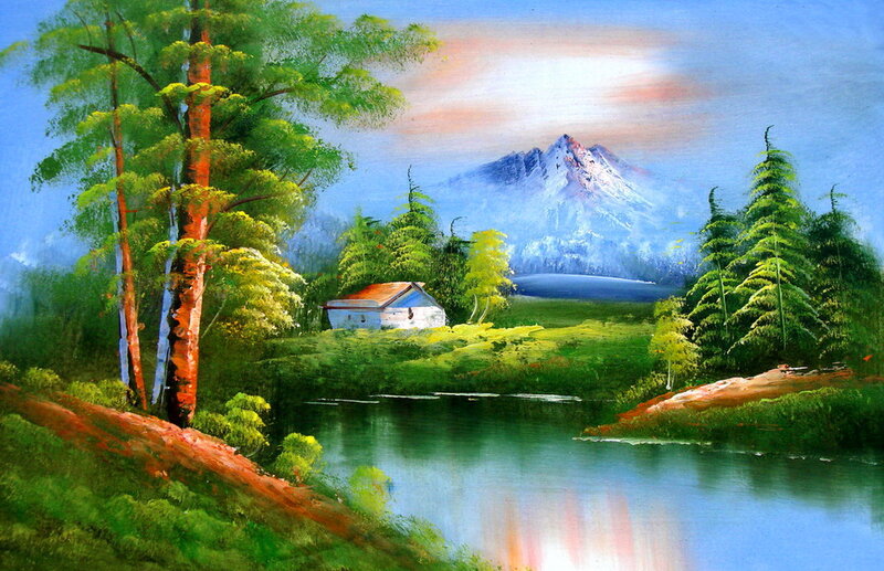 Cottage by Lake and Mountain