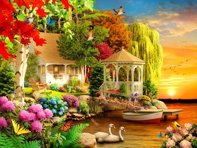 Cottage by Lake at Sunset — Orange, Serene, Digital Art