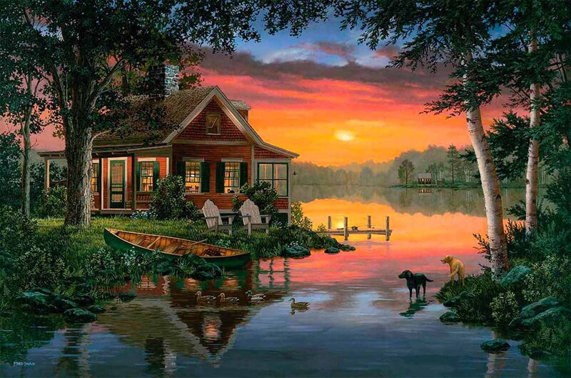Cottage by Lake at Sunset — Orange, Serene