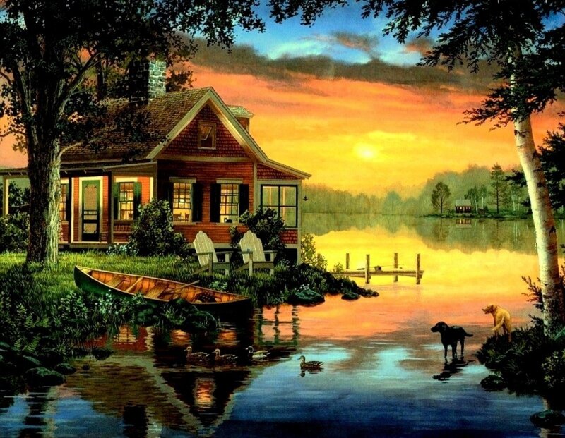 Cottage by Lake at Sunset — Orange