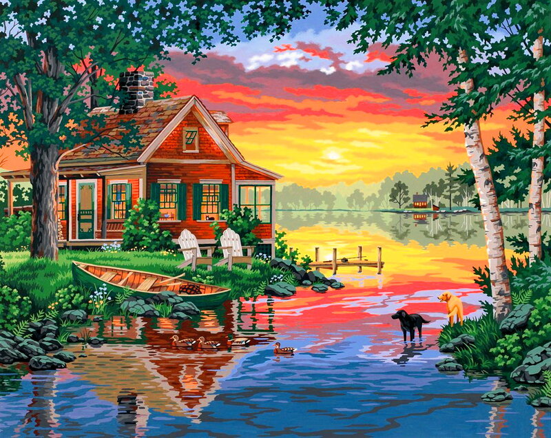 Cottage by Lake at Sunset — Red