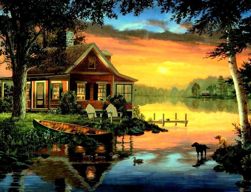 Cottage by Lake at Sunset