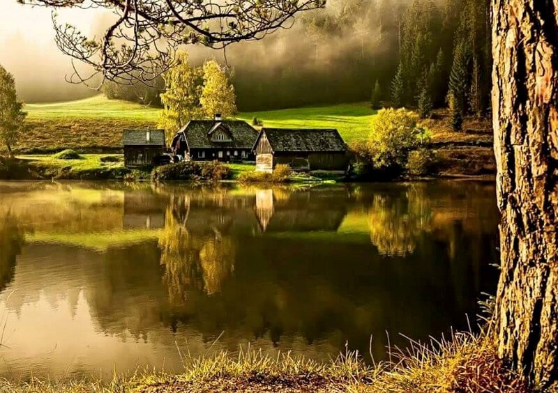 Cottage by Lake — Green, Serene, Morning
