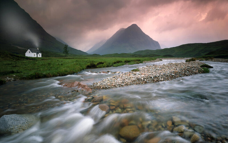 Cottage by River and Mountains — Green, Dramatic