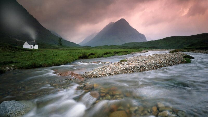 Cottage by River and Mountains
