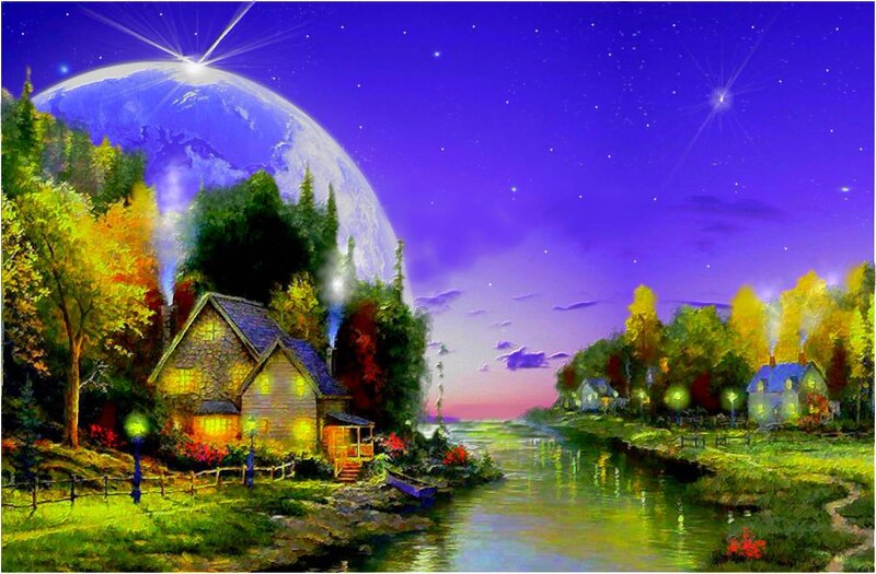 Cottage by River at Night