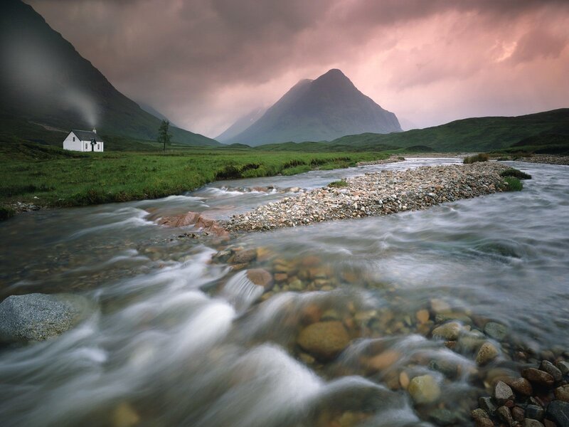 Cottage by River — Green, Dramatic, Sunset, Photograph, Mountain, Smoke, Gray