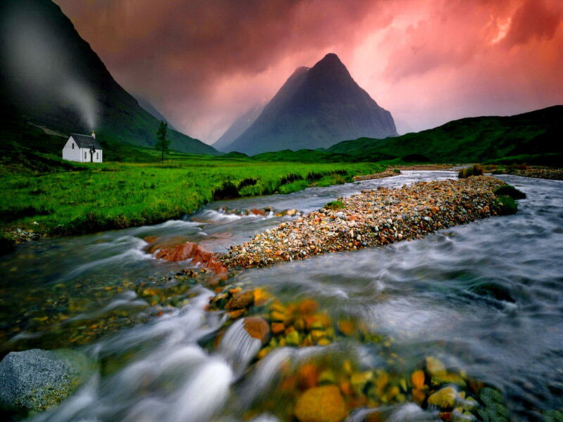 Cottage by River — Green, Dramatic, Sunset