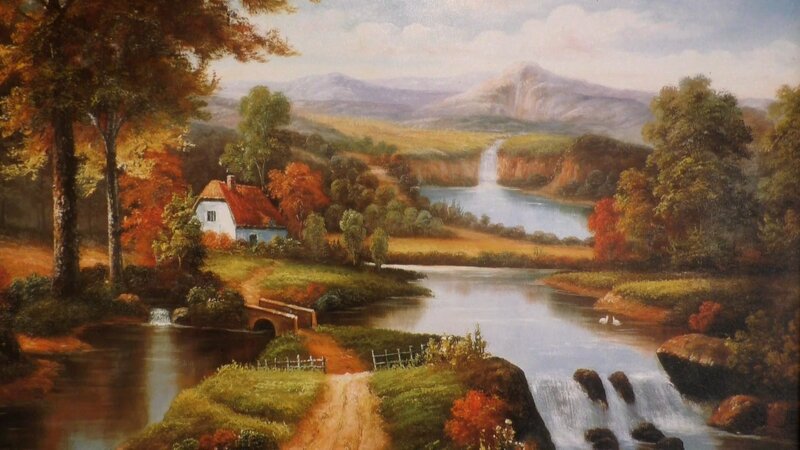 Cottage by River — Green, Serene, Autumn