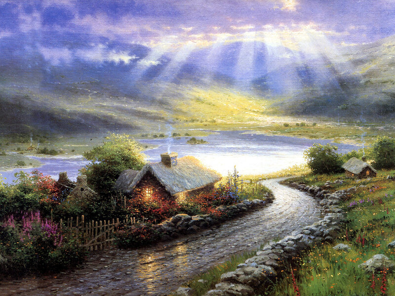 Cottage by the lake at sunset