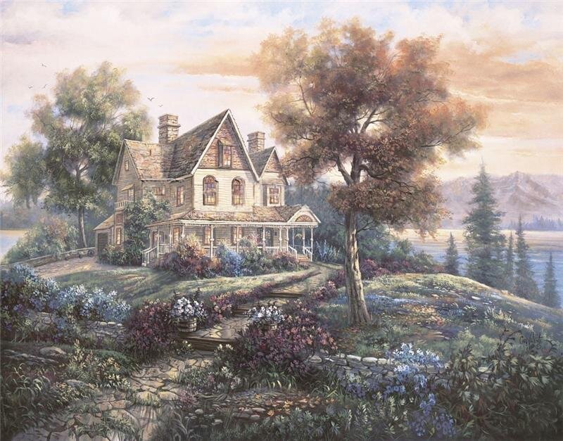 Cottage by the lake at sunset