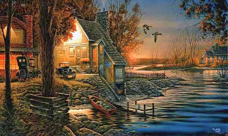 Cottage by the Lake — Blue, Serene, Sunset
