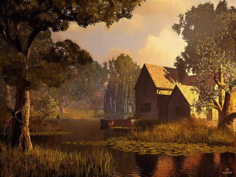 Cottage by the pond at dusk