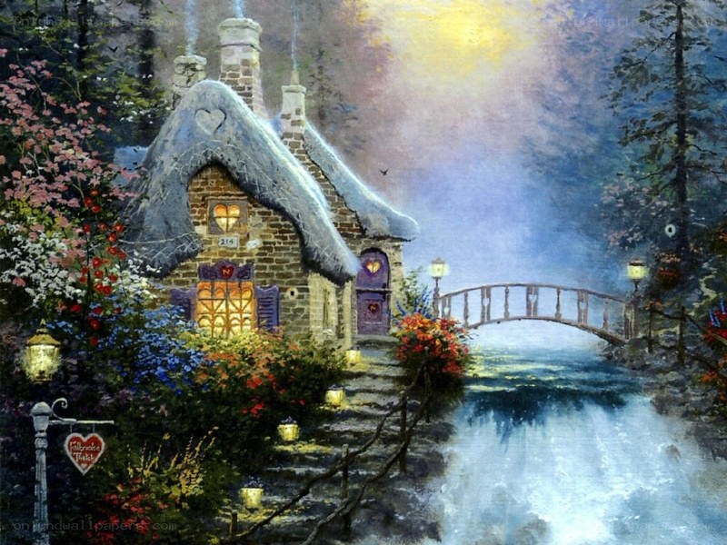 Cottage by the river at dusk