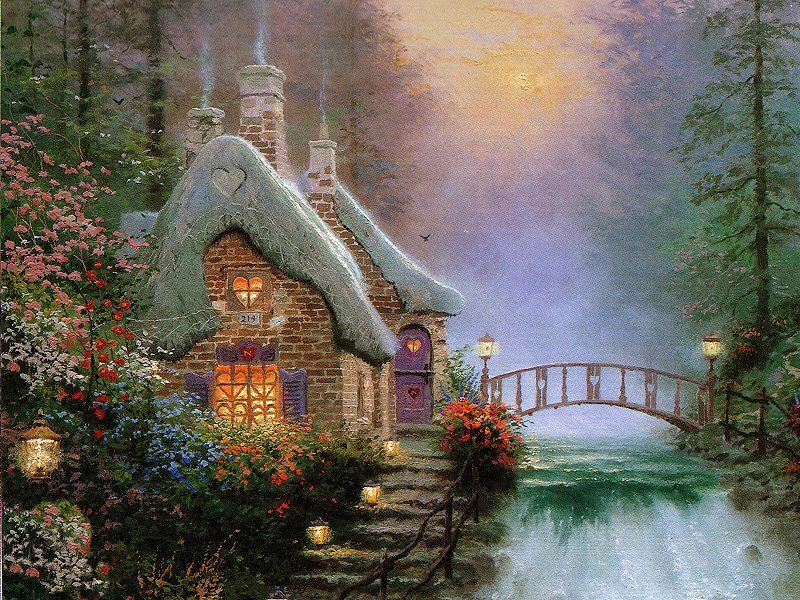 Cottage by the river at dusk