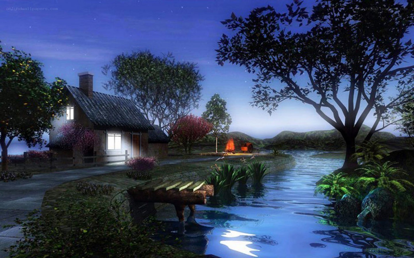 Cottage by the river at night